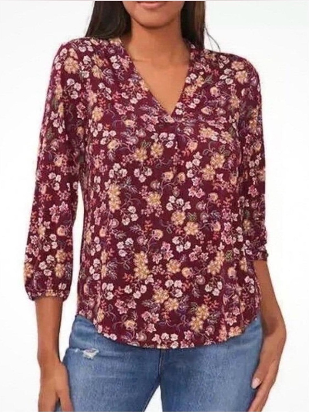 Vince Camuto Burgundy Floral V-Neck 3/4 Sleeve Blouse Women’s Medium